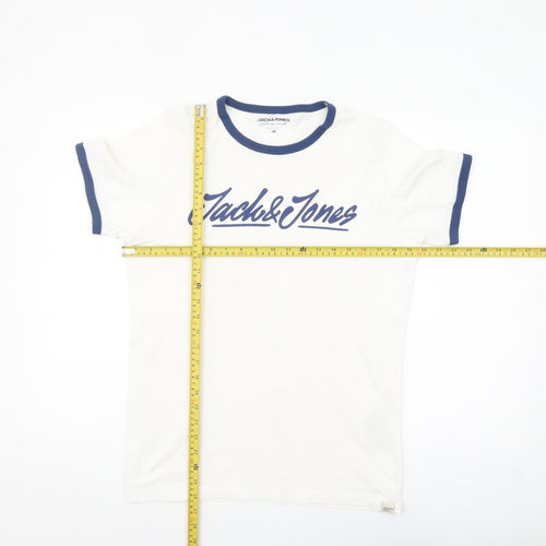 Jack & Jones Men's White and Blue Ringer T-Shirt Size M Cotton Casual