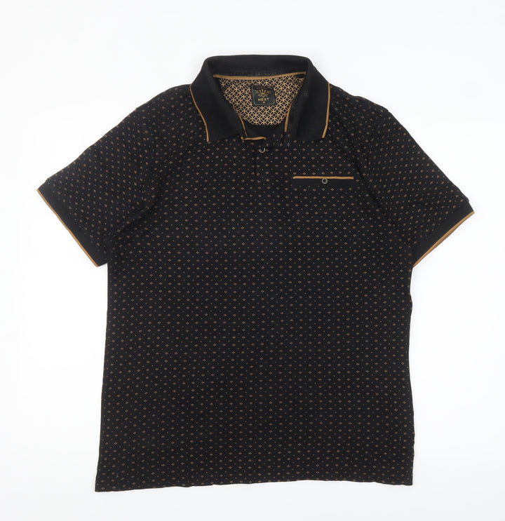 Next Men's Black Geometric Cotton Polo Shirt Size M