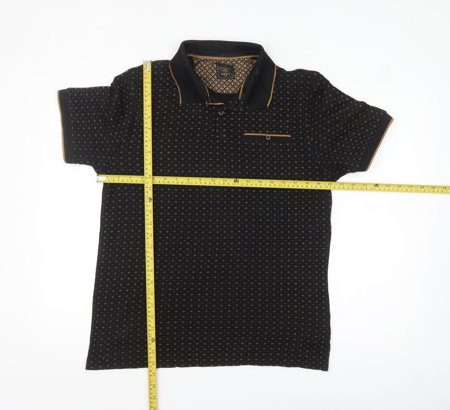 Next Men's Black Geometric Cotton Polo Shirt Size M