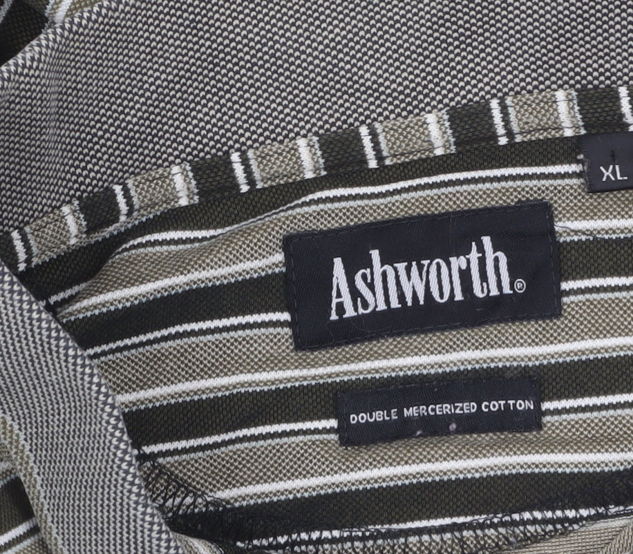 Ashworth Men's Green Striped Cotton Polo Shirt XL