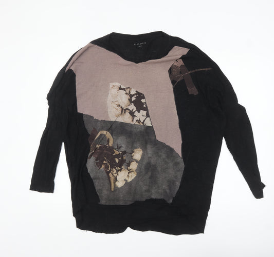 AllSaints Womens Black Art Print Linen Blend Long Sleeve T-Shirt M