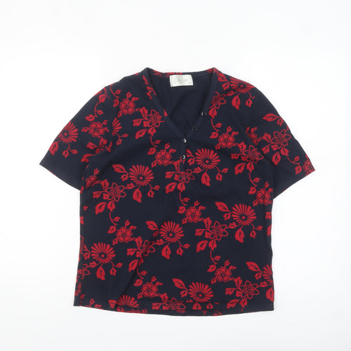 Jumper Women's Blue Red Floral Cotton V-Neck Short Sleeve T-Shirt M