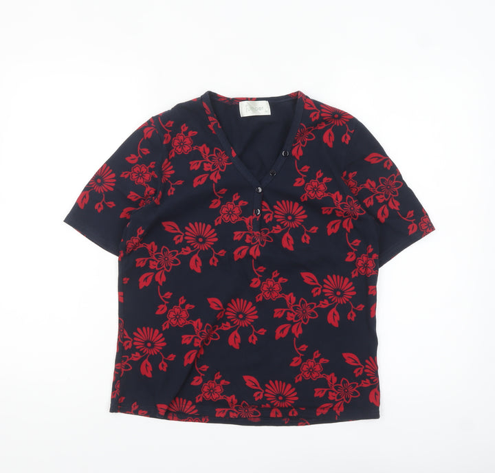 Jumper Women's Blue Red Floral Cotton V-Neck Short Sleeve T-Shirt M
