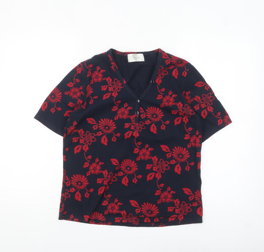 Jumper Women's Blue Red Floral Cotton V-Neck Short Sleeve T-Shirt M