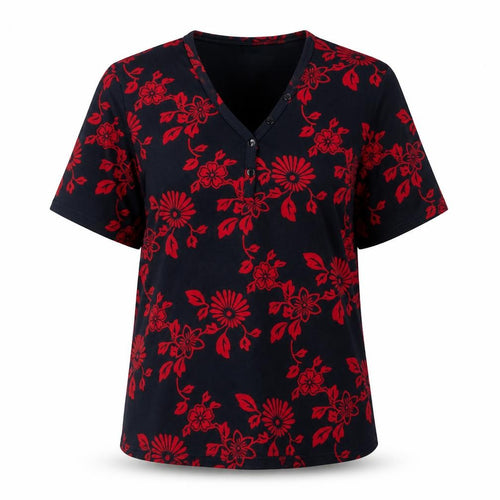 Jumper Women's Blue Red Floral Cotton V-Neck Short Sleeve T-Shirt M