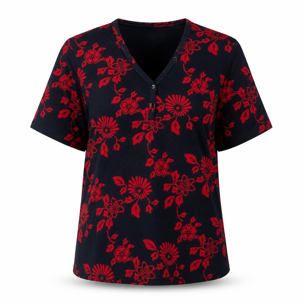 Jumper Women's Blue Red Floral Cotton V-Neck Short Sleeve T-Shirt M