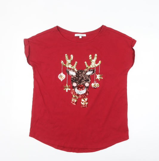 Next Womens Red Sequin Reindeer Christmas T-Shirt Size 14