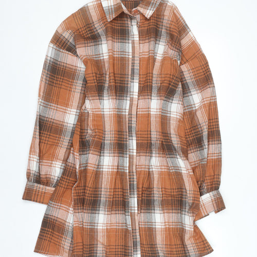 Missguided Women Brown Check Long Sleeve Shirt Dress Size 8