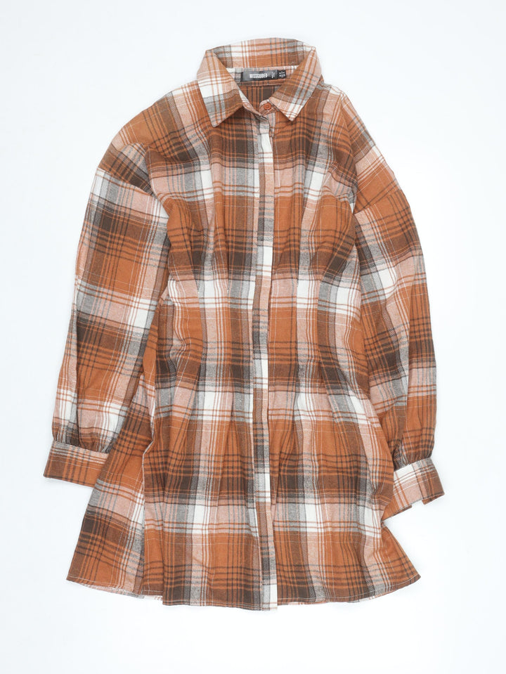 Missguided Women Brown Check Long Sleeve Shirt Dress Size 8