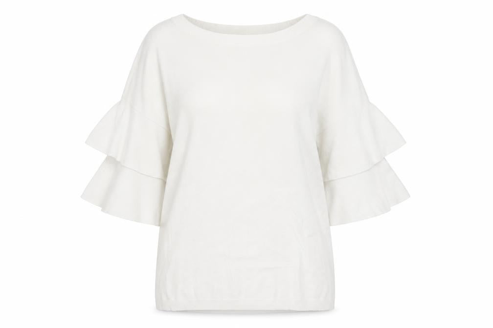 Front view of Dunnes Women's White Short Flared Sleeve Knit Jumper, size S