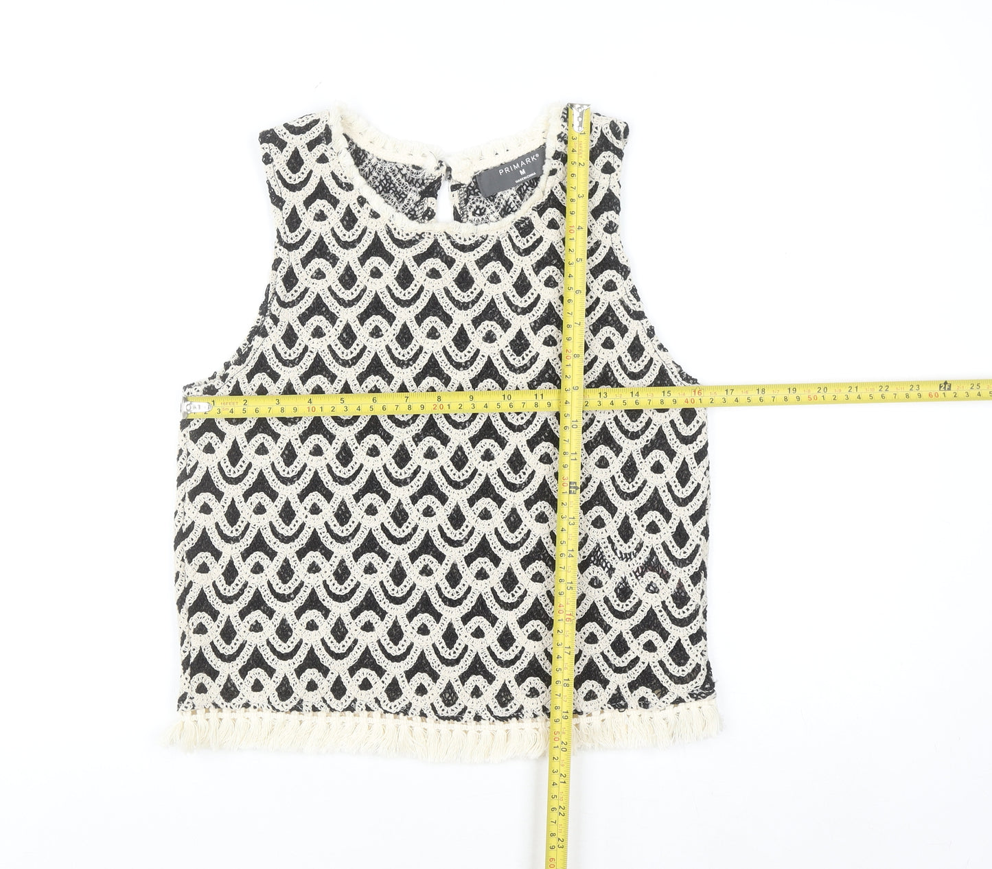 Primark Women's Black Crochet Tank Top M Boho Fringe Summer Camisole