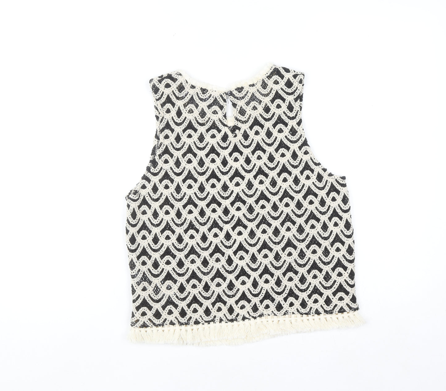 Primark Women's Black Crochet Tank Top M Boho Fringe Summer Camisole