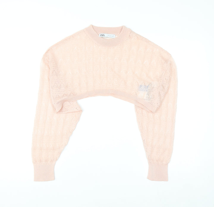 ZARA Women Pink Cropped Knit Blouse Size M Lightweight Viscose