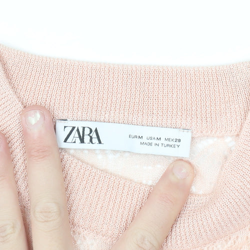 ZARA Women Pink Cropped Knit Blouse Size M Lightweight Viscose