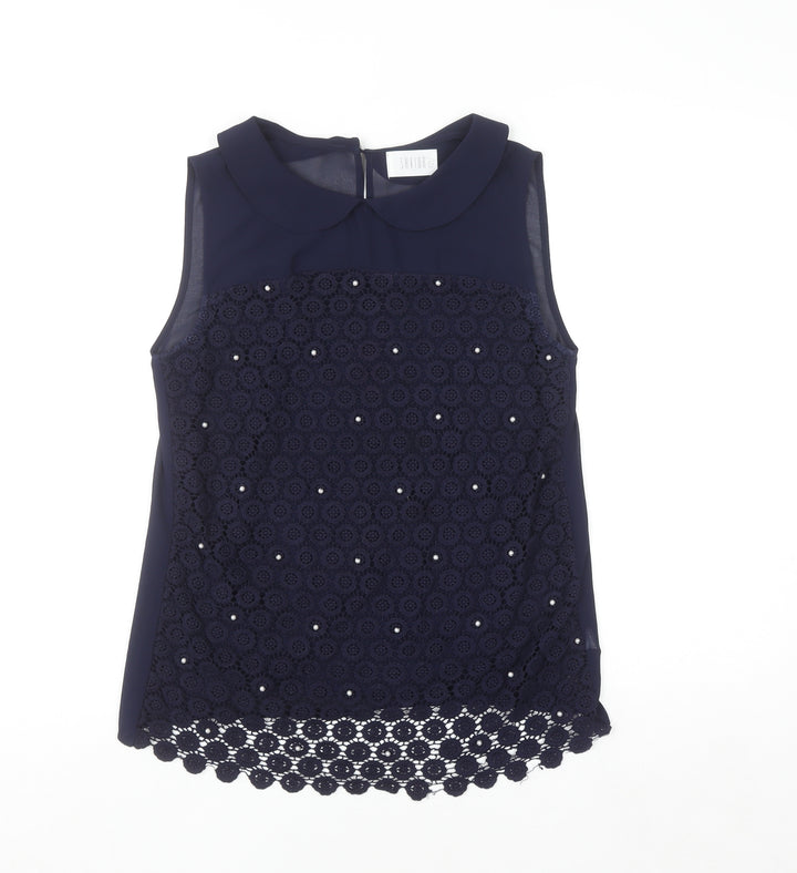 Savida Women’s Navy Blue Beaded Lace Sleeveless Blouse UK 10