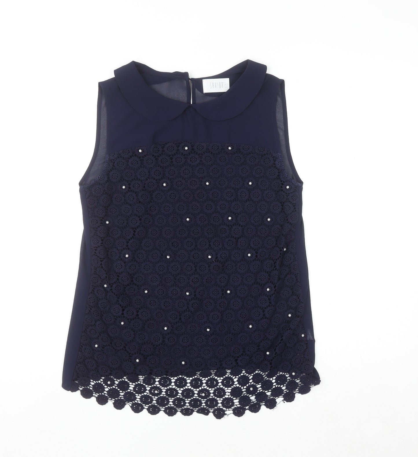 Savida Women’s Navy Blue Beaded Lace Sleeveless Blouse UK 10