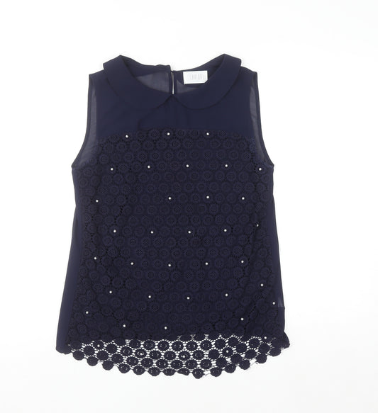 Savida Women’s Navy Blue Beaded Lace Sleeveless Blouse UK 10