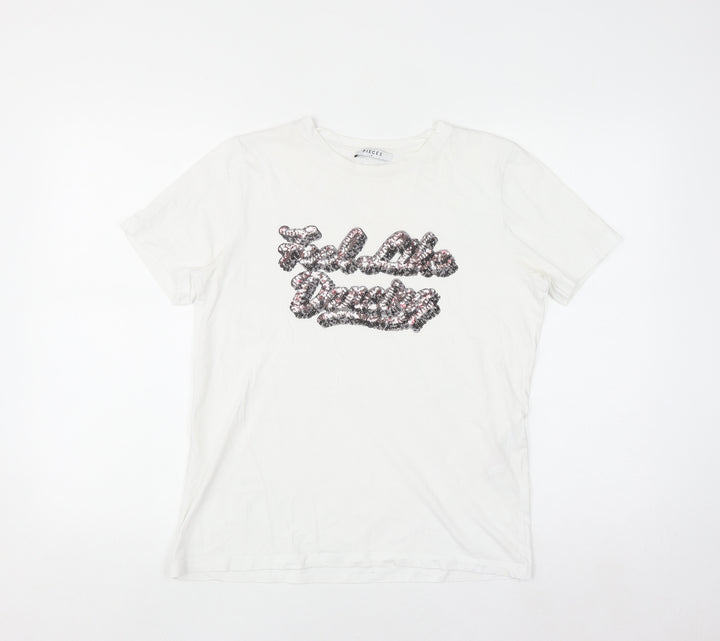 Pieces Women's White Sequin Slogan Cotton T-Shirt Size M