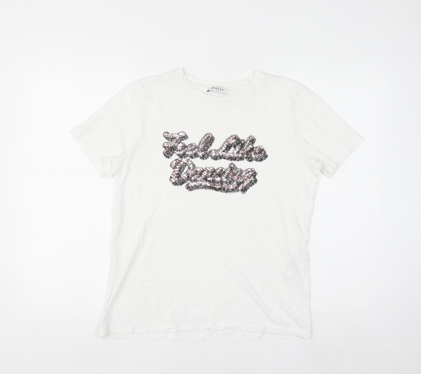 Pieces Women's White Sequin Slogan Cotton T-Shirt Size M