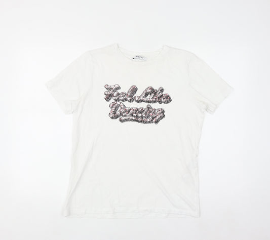 Pieces Women's White Sequin Slogan Cotton T-Shirt Size M