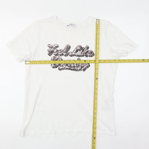 Pieces Women's White Sequin Slogan Cotton T-Shirt Size M