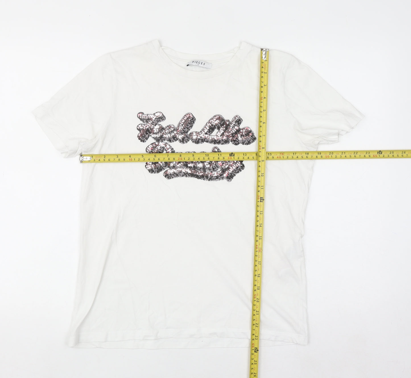 Pieces Women's White Sequin Slogan Cotton T-Shirt Size M