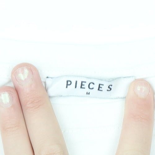 Pieces Women's White Sequin Slogan Cotton T-Shirt Size M