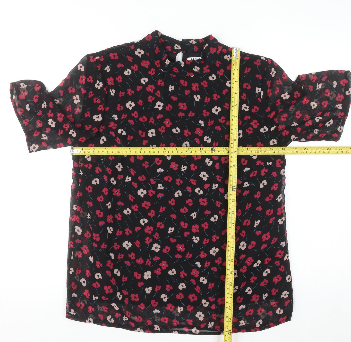 Pieces Womens Black Floral Chiffon Tunic Blouse Size M