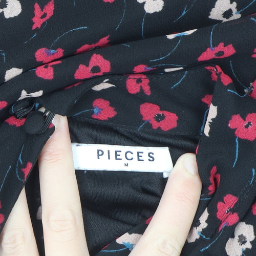 Pieces Womens Black Floral Chiffon Tunic Blouse Size M