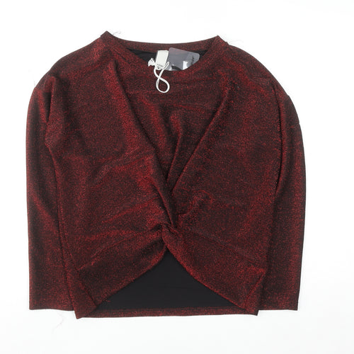 Italy Style Women Red Glitter Twist Front Long Sleeve Blouse M