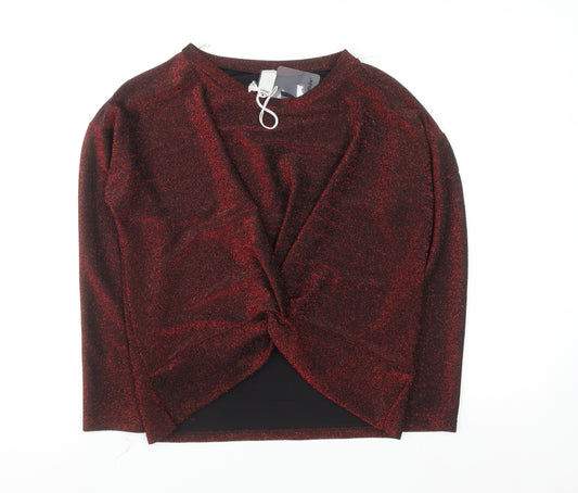 Italy Style Women Red Glitter Twist Front Long Sleeve Blouse M