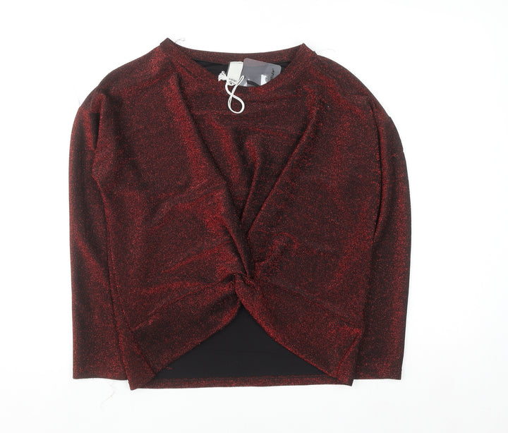 Italy Style Women Red Glitter Twist Front Long Sleeve Blouse M