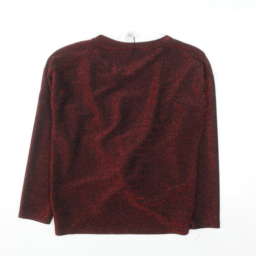 Italy Style Women Red Glitter Twist Front Long Sleeve Blouse M