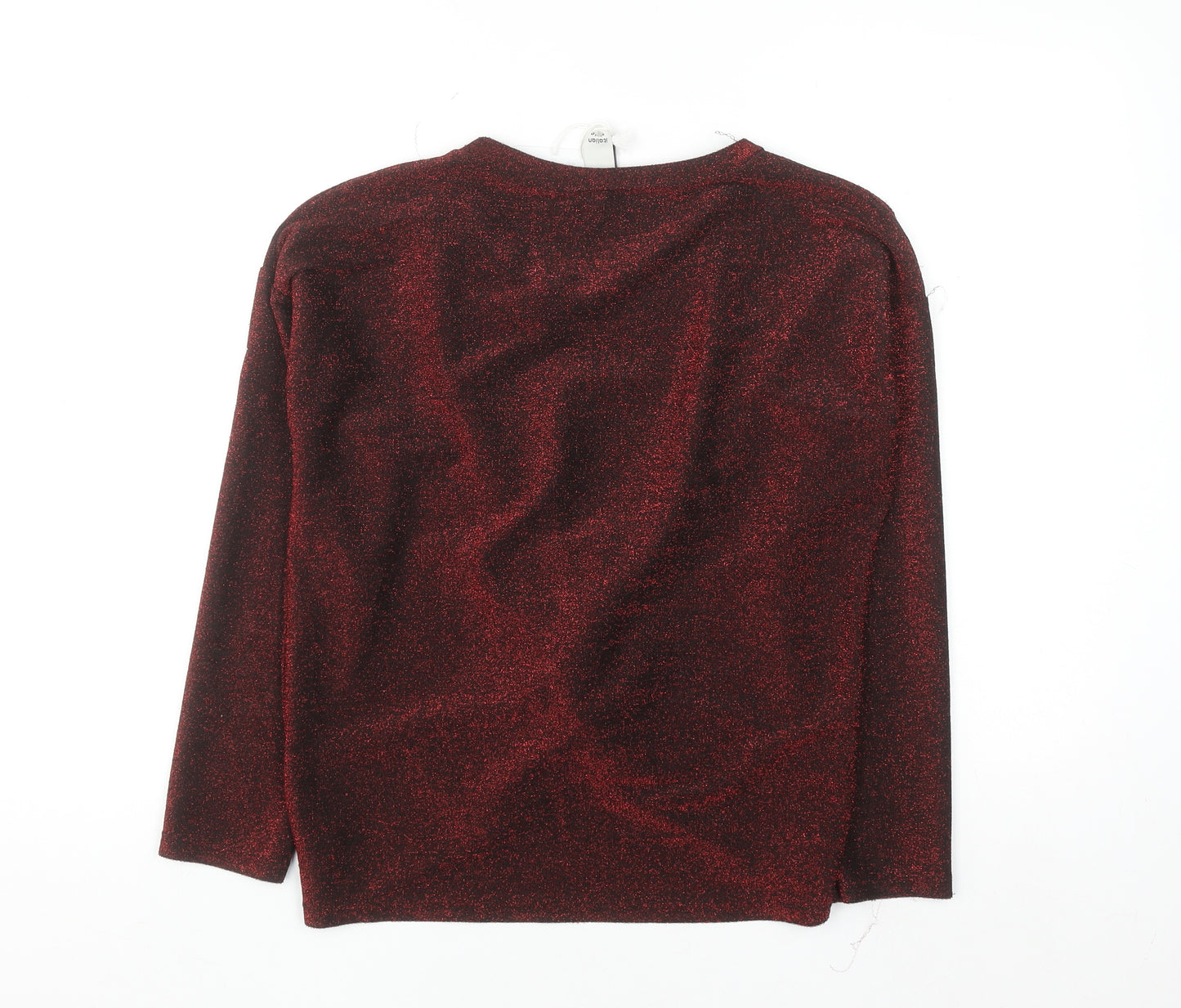 Italy Style Women Red Glitter Twist Front Long Sleeve Blouse M