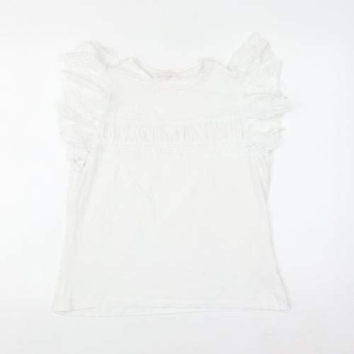 Savida Womens White Ruffle Sleeve Cotton T-Shirt Size 12