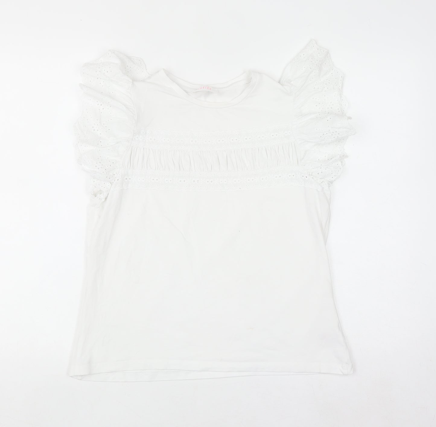 Savida Womens White Ruffle Sleeve Cotton T-Shirt Size 12
