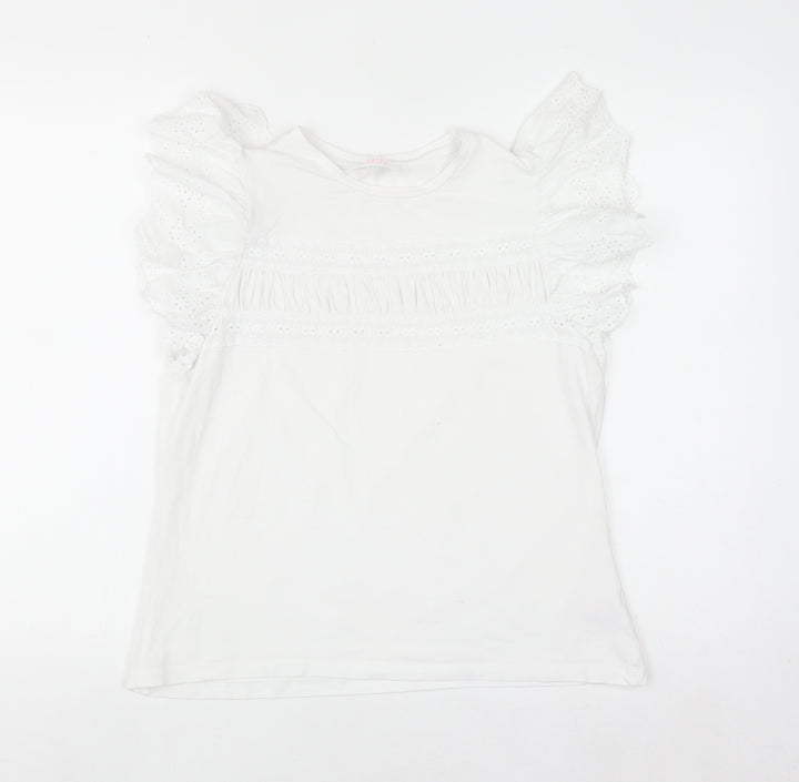 Savida Womens White Ruffle Sleeve Cotton T-Shirt Size 12