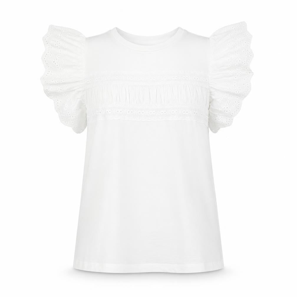 Front view of Savida women’s white ruffle sleeve cotton t-shirt, size UK 12