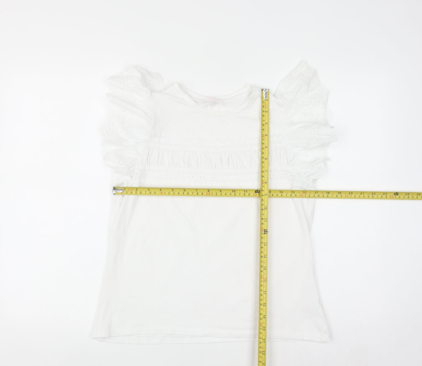 Savida Womens White Ruffle Sleeve Cotton T-Shirt Size 12