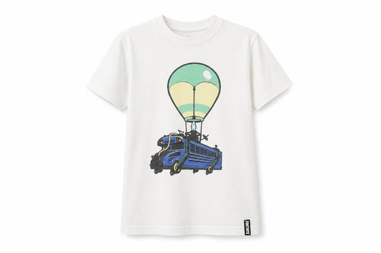 Front view of Fortnite boys’ white 8-9 years graphic t-shirt with balloon bus design