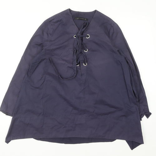 Zara Women Blue Lace Up Cotton Tunic Blouse Size 12