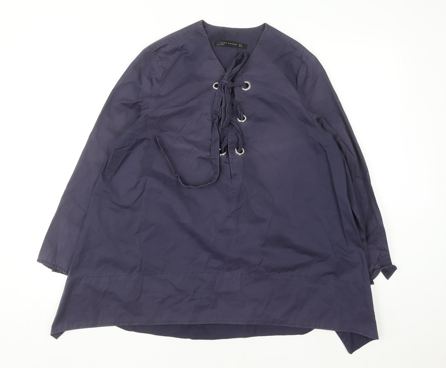 Zara Women Blue Lace Up Cotton Tunic Blouse Size 12