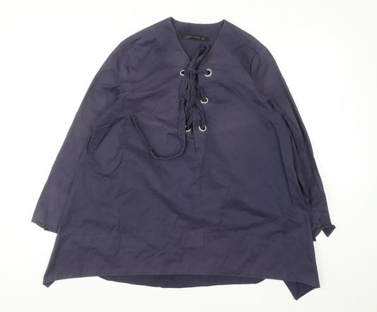 Zara Women Blue Lace Up Cotton Tunic Blouse Size 12