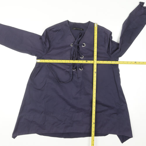 Zara Women Blue Lace Up Cotton Tunic Blouse Size 12