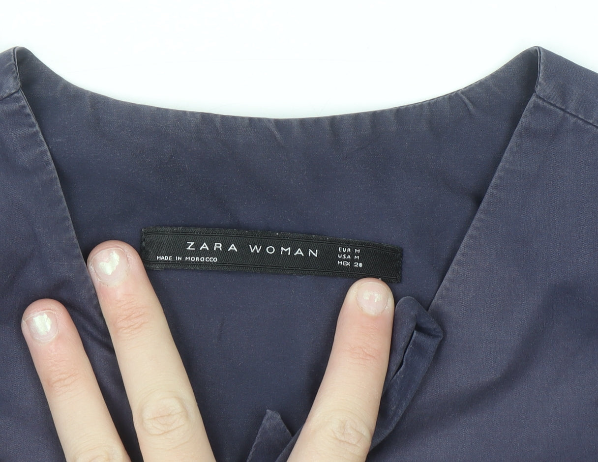 Zara Women Blue Lace Up Cotton Tunic Blouse Size 12