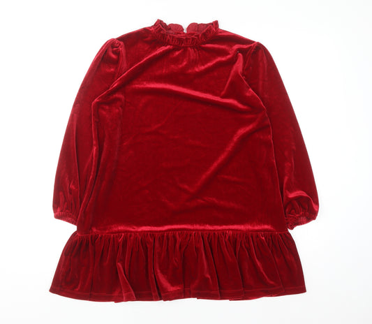 Dunnes Stores Girls Red Velvet Ruffle Long Sleeve Shift Dress 8-9 Years