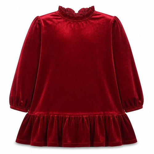 Dunnes Stores Girls Red Velvet Ruffle Long Sleeve Shift Dress 8-9 Years