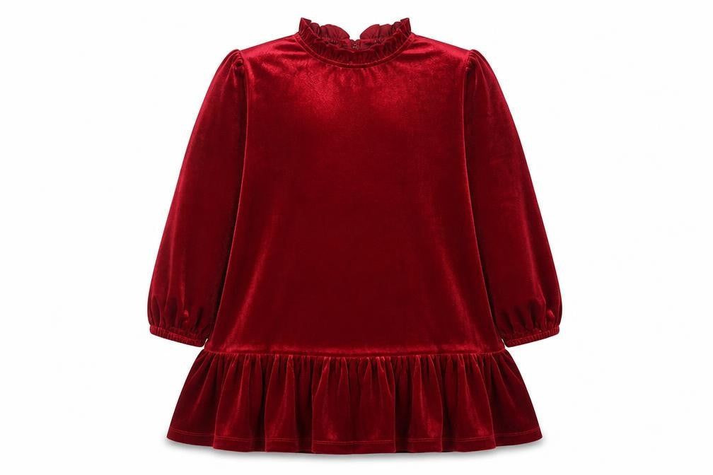 Dunnes Stores Girls Red Velvet Ruffle Long Sleeve Shift Dress 8-9 Years
