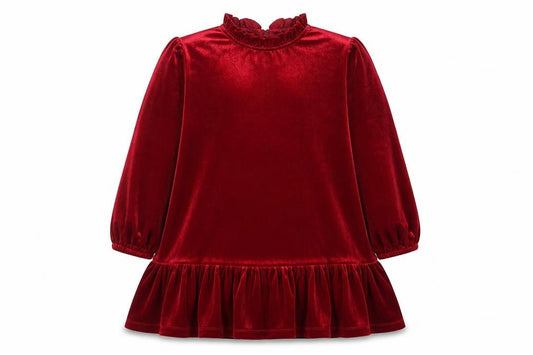 Dunnes Stores Girls Red Velvet Ruffle Long Sleeve Shift Dress 8-9 Years