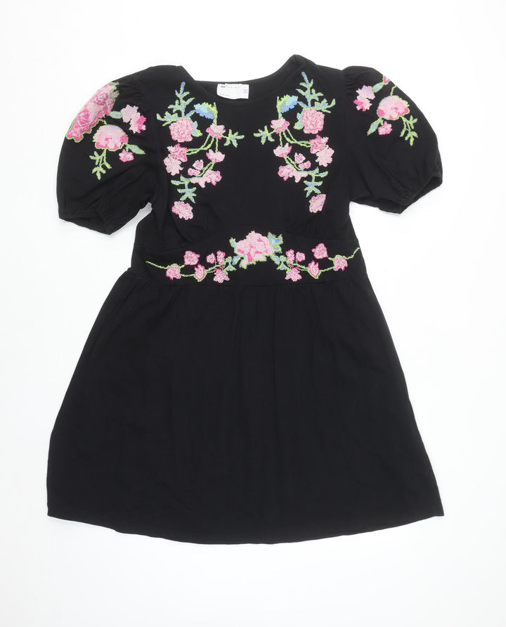 ASOS DESIGN Women's Black Floral Embroidered Fit & Flare Dress Size 14